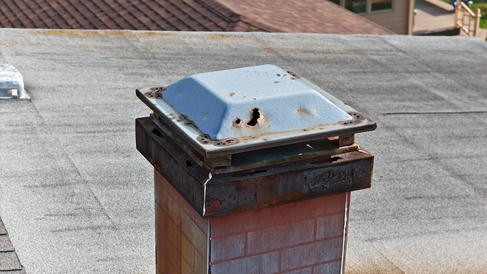 Rust holes and severe water intrusion damage on a faux chimney chase cover